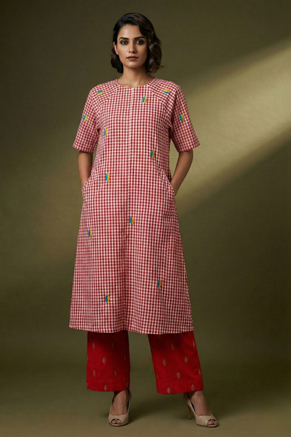 Blush Checkmate Cotton Drop Shoulder Modern Tunic With Pockets Mc