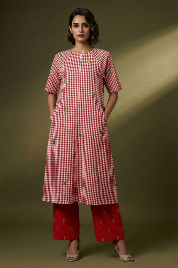 Blush Checkmate Cotton Drop Shoulder Modern Tunic With Pockets Mc