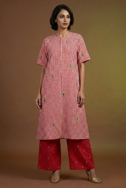 Blush Checkmate Cotton Drop Shoulder Modern Tunic With Pockets Mc