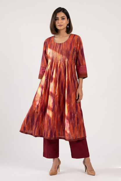 Burnt Saffron Ikat Pintuck Yoke Kalidar Kurta Top Mc