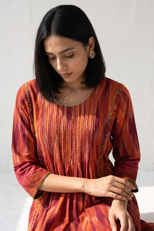Burnt Saffron Ikat Pintuck Yoke Kalidar Kurta Top Mc