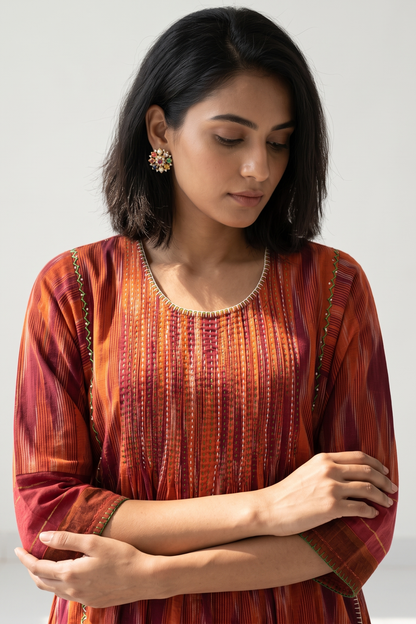 Burnt Saffron Ikat Pintuck Yoke Kalidar Kurta Top Mc
