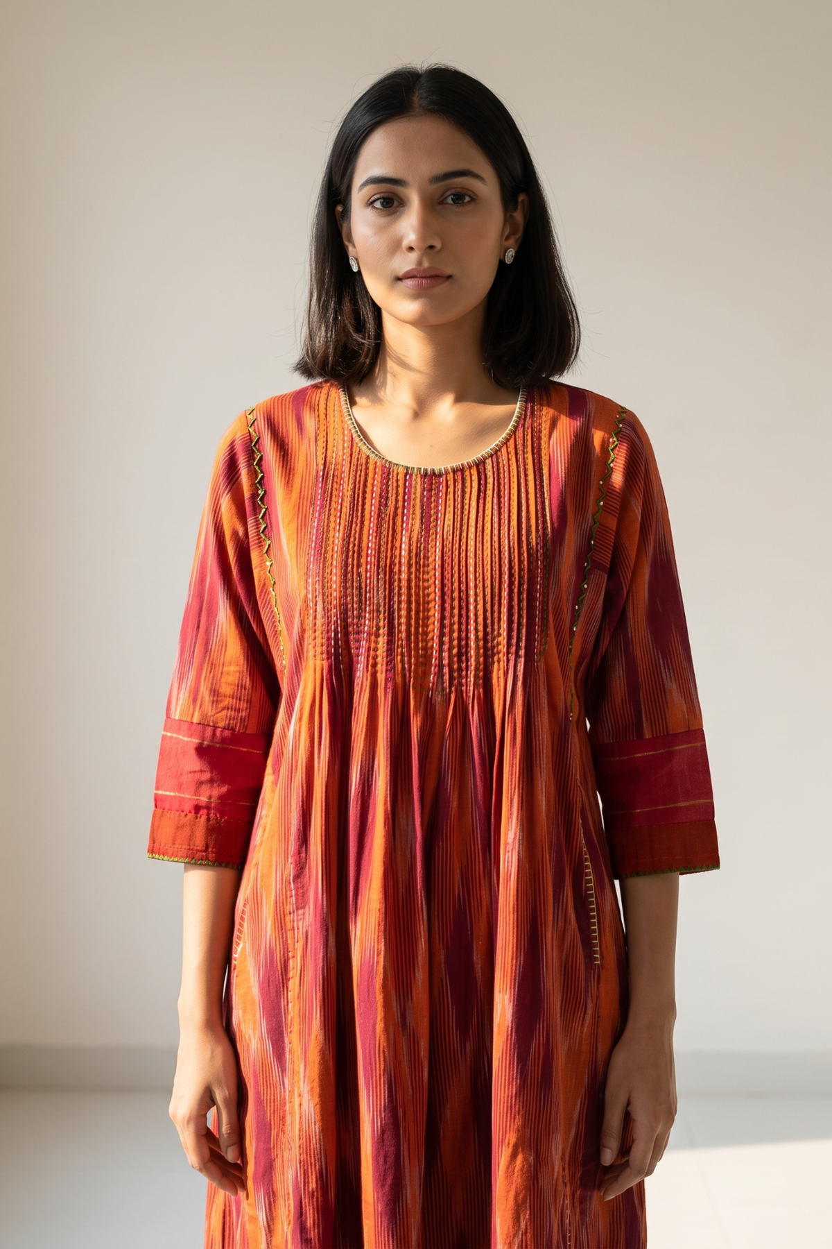 Burnt Saffron Ikat Pintuck Yoke Kalidar Kurta Top Mc