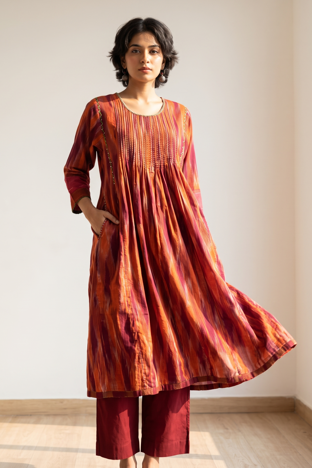 Burnt Saffron Ikat Pintuck Yoke Kalidar Kurta Top Mc