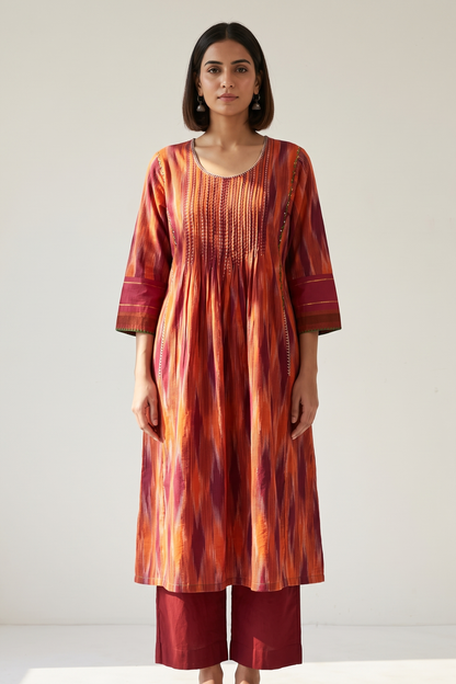 Burnt Saffron Ikat Pintuck Yoke Kalidar Kurta Top Mc