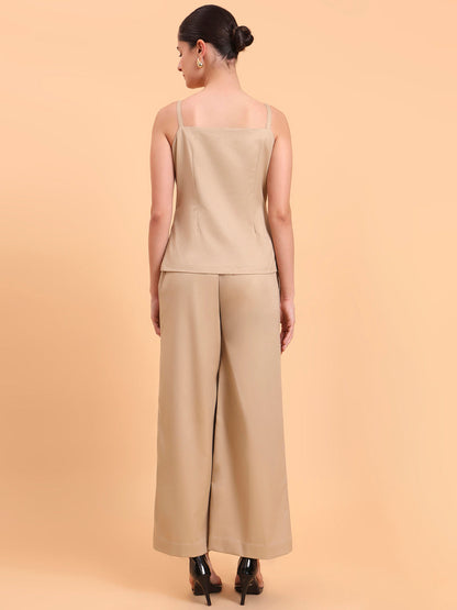 Powersutra Women Beige Strappy Vest & Pleated Loose-Fit Co-Ords Set