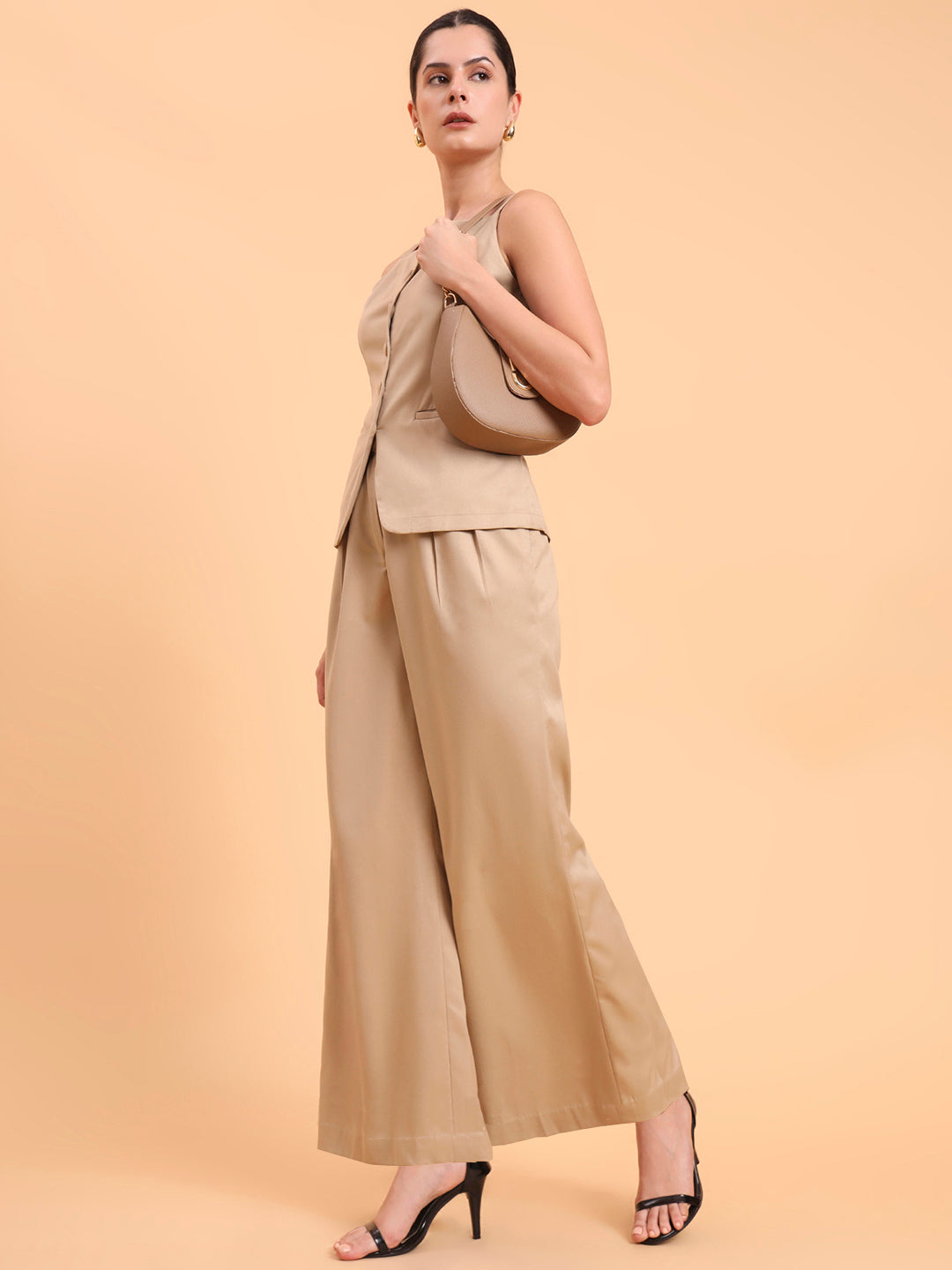 Powersutra Women Beige Strappy Vest & Pleated Loose-Fit Co-Ords Set