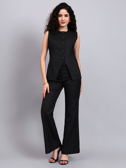 Powersutra Black Pinstriped Co-Ord Set With Sleek Tailored Flair