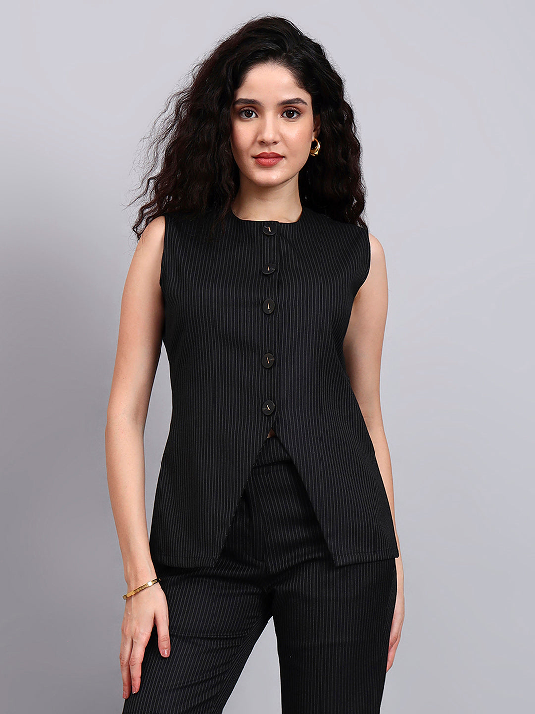 Powersutra Black Pinstriped Co-Ord Set With Sleek Tailored Flair