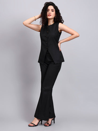 Powersutra Black Pinstriped Co-Ord Set With Sleek Tailored Flair