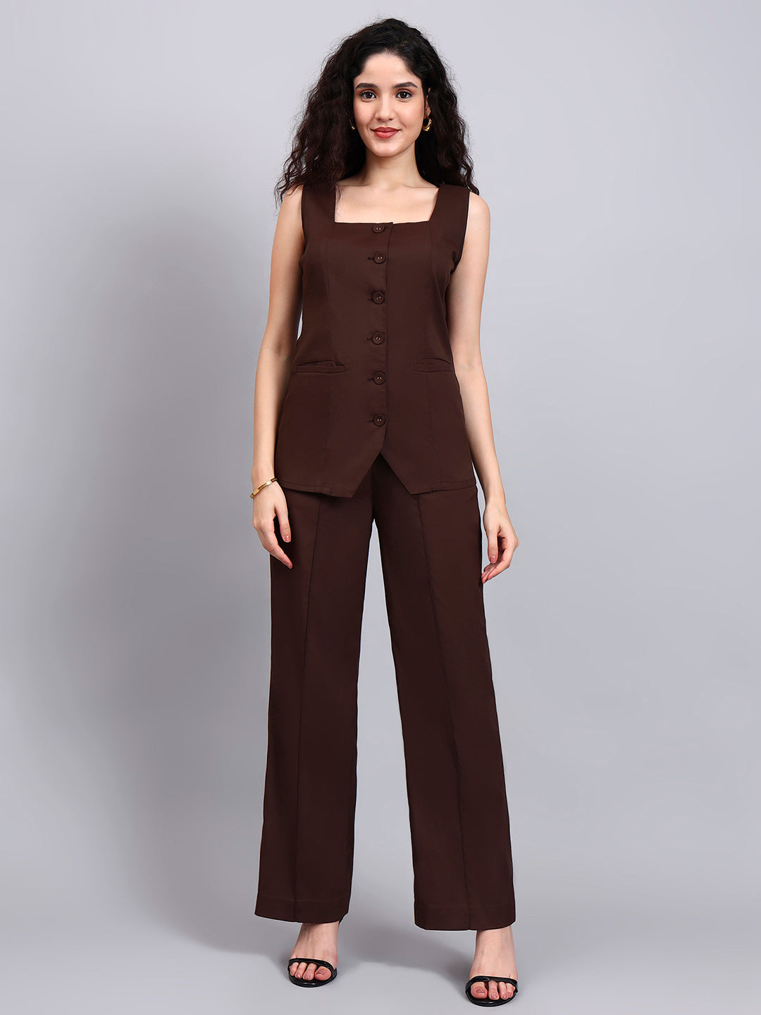 Powersutra Stretch Brown Sleeveless Co-Ord Set With Tailored Button-Down Top And Semi-Flared Trousers