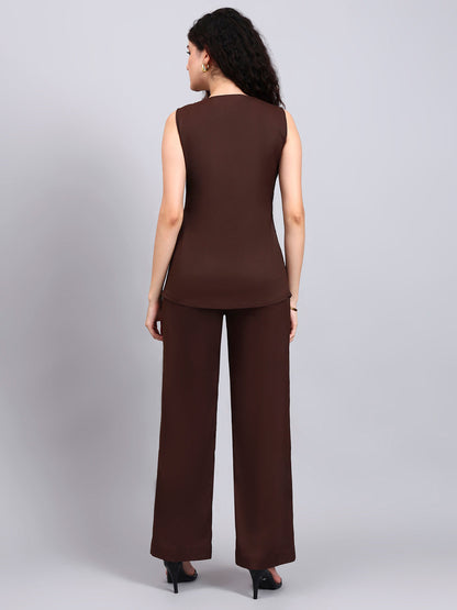 Powersutra Stretch Brown Sleeveless Co-Ord Set With Tailored Button-Down Top And Semi-Flared Trousers