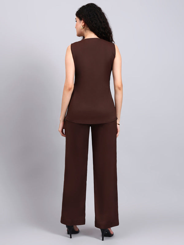 Powersutra Stretch Brown Sleeveless Co-Ord Set With Tailored Button-Down Top And Semi-Flared Trousers