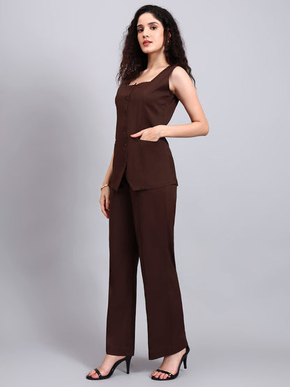 Powersutra Stretch Brown Sleeveless Co-Ord Set With Tailored Button-Down Top And Semi-Flared Trousers