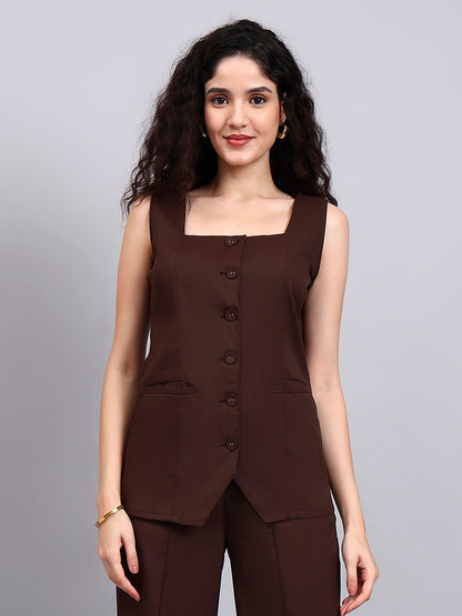 Powersutra Stretch Brown Sleeveless Co-Ord Set With Tailored Button-Down Top And Semi-Flared Trousers