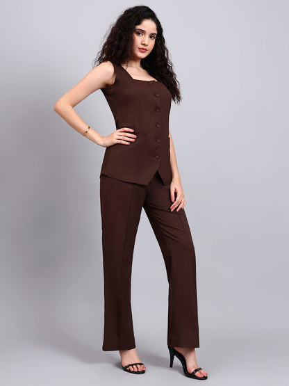 Powersutra Stretch Brown Sleeveless Co-Ord Set With Tailored Button-Down Top And Semi-Flared Trousers