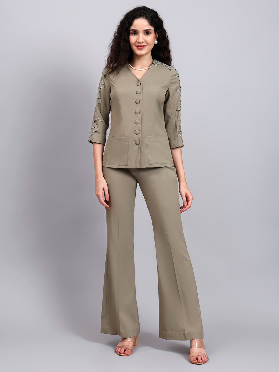 Powersutra Sage Green Stretch Co-Ord Set Featuring Button-Down Top And Loose-Fit Trousers