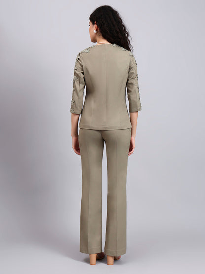 Powersutra Sage Green Stretch Co-Ord Set Featuring Button-Down Top And Loose-Fit Trousers