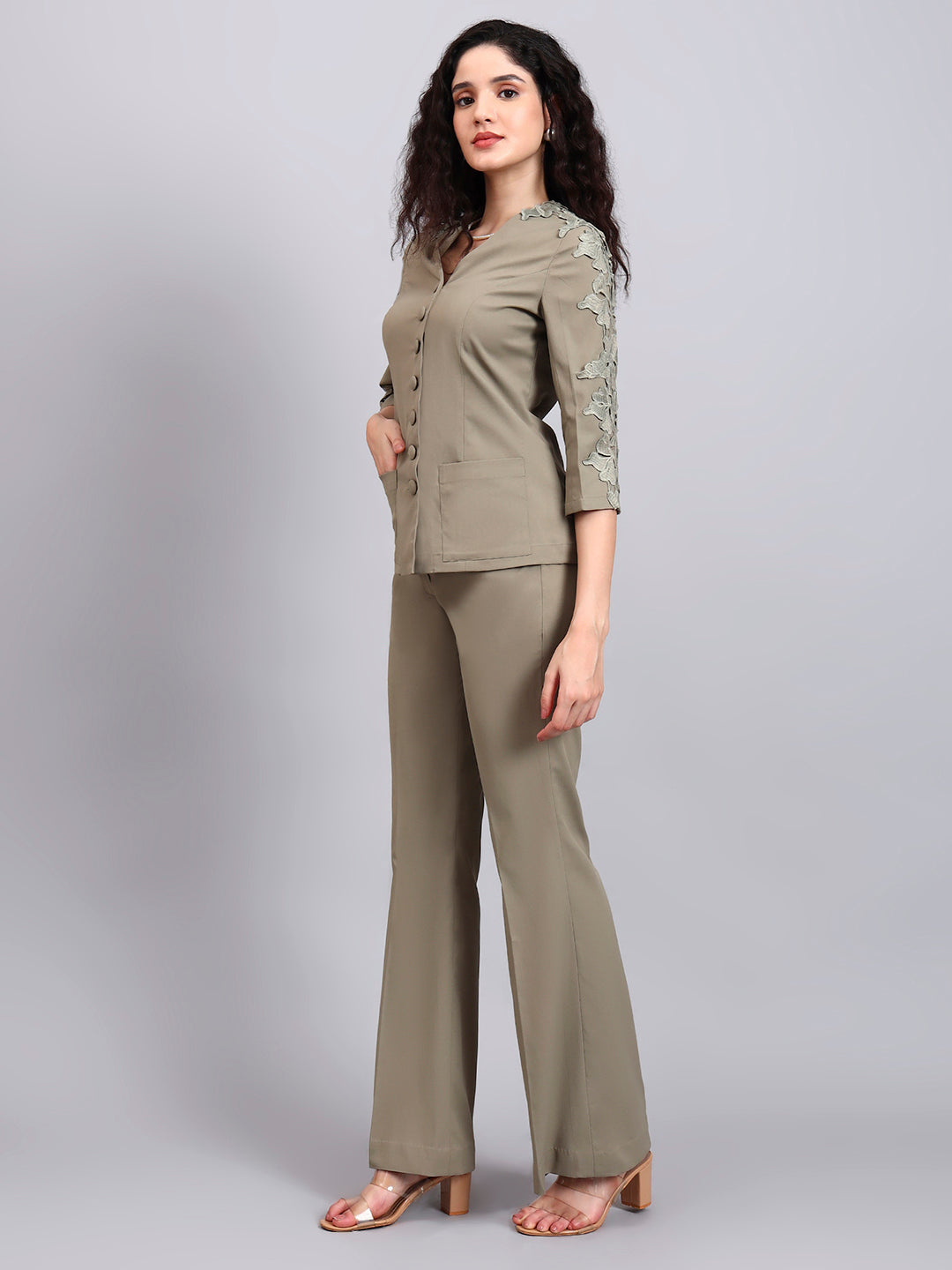 Powersutra Sage Green Stretch Co-Ord Set Featuring Button-Down Top And Loose-Fit Trousers