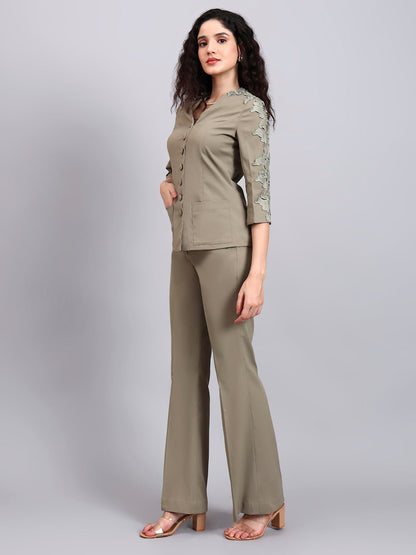 Powersutra Sage Green Stretch Co-Ord Set Featuring Button-Down Top And Loose-Fit Trousers