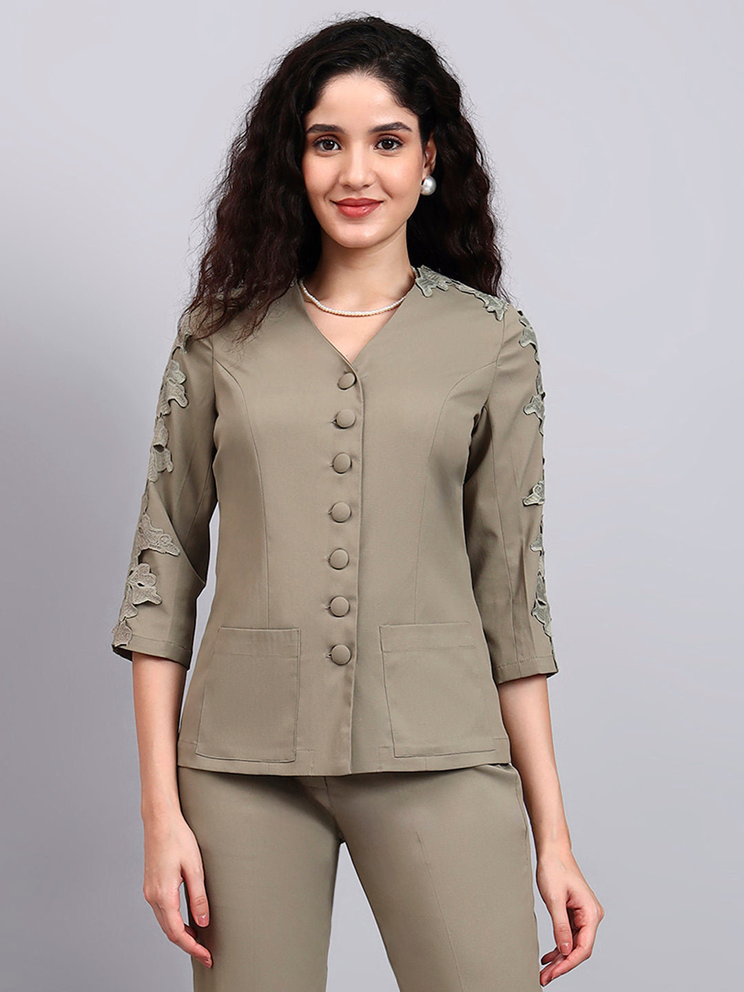Powersutra Sage Green Stretch Co-Ord Set Featuring Button-Down Top And Loose-Fit Trousers