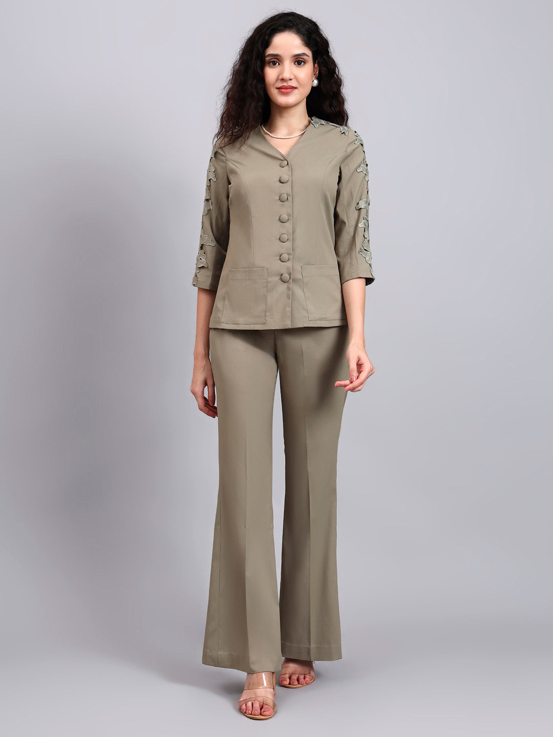 Powersutra Sage Green Stretch Co-Ord Set Featuring Button-Down Top And Loose-Fit Trousers