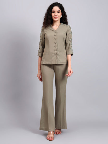 Powersutra Sage Green Stretch Co-Ord Set Featuring Button-Down Top And Loose-Fit Trousers
