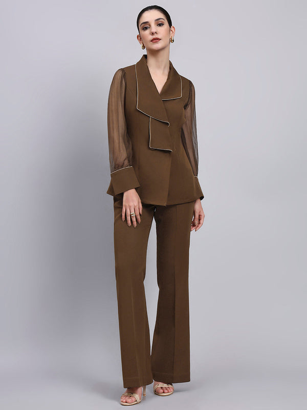 Powersutra Tailored Brown Co-Ord Set Featuring Double Collar Top With Contrast Piping And Flared Pants