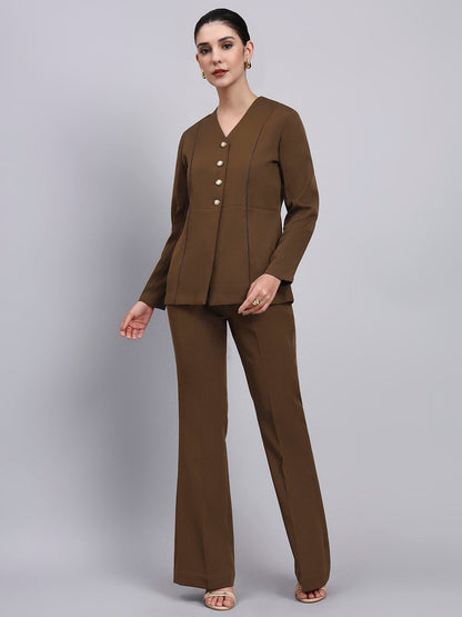 Powersutra Tailored Brown Co-Ord Set Featuring Lace Top With Flared Pants