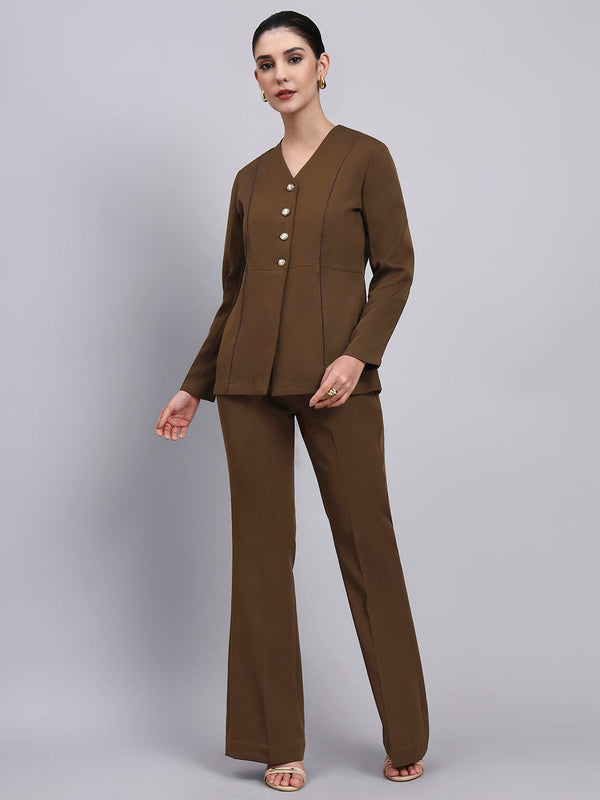 Powersutra Tailored Brown Co-Ord Set Featuring Lace Top With Flared Pants