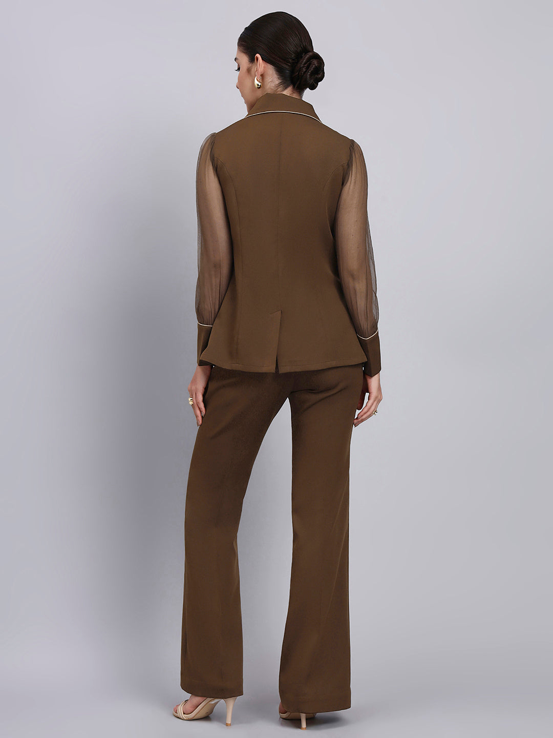 Powersutra Tailored Brown Co-Ord Set Featuring Double Collar Top With Contrast Piping And Flared Pants