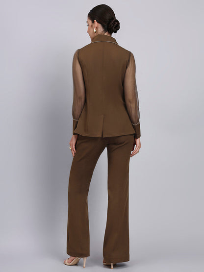 Powersutra Tailored Brown Co-Ord Set Featuring Double Collar Top With Contrast Piping And Flared Pants
