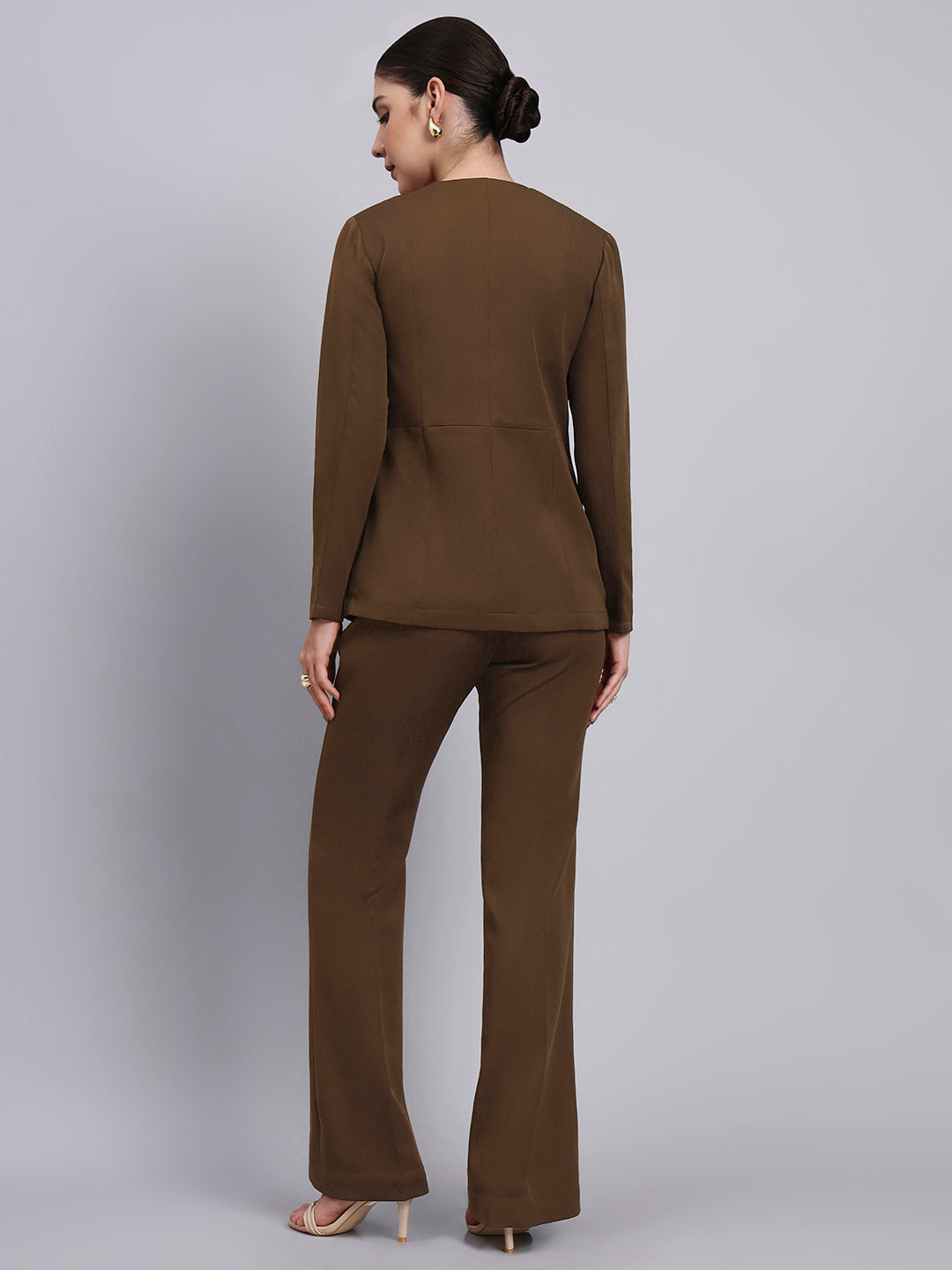 Powersutra Tailored Brown Co-Ord Set Featuring Lace Top With Flared Pants