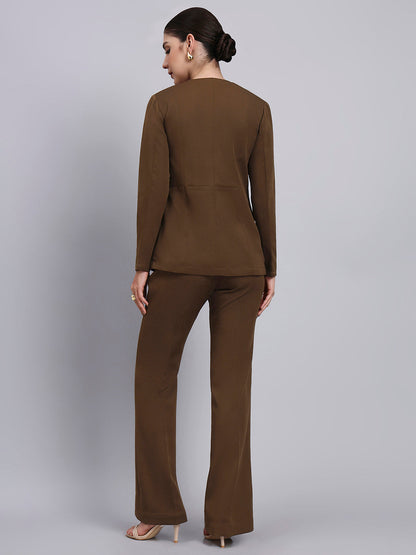 Powersutra Tailored Brown Co-Ord Set Featuring Lace Top With Flared Pants