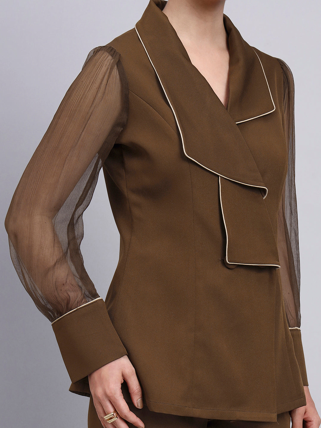 Powersutra Tailored Brown Co-Ord Set Featuring Double Collar Top With Contrast Piping And Flared Pants