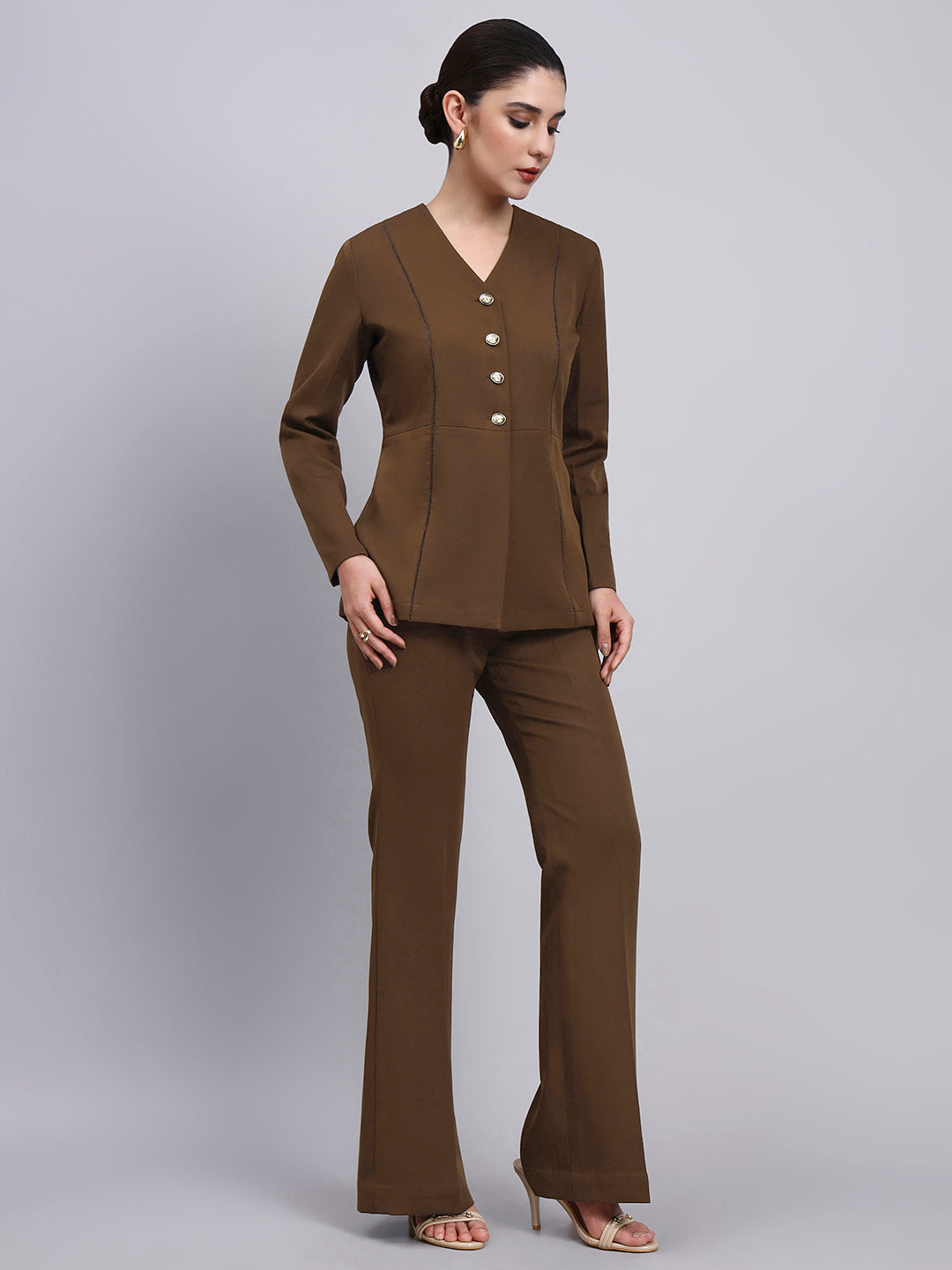 Powersutra Tailored Brown Co-Ord Set Featuring Lace Top With Flared Pants