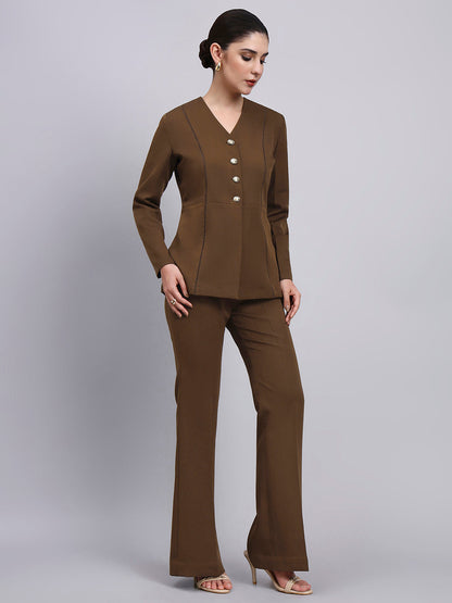 Powersutra Tailored Brown Co-Ord Set Featuring Lace Top With Flared Pants