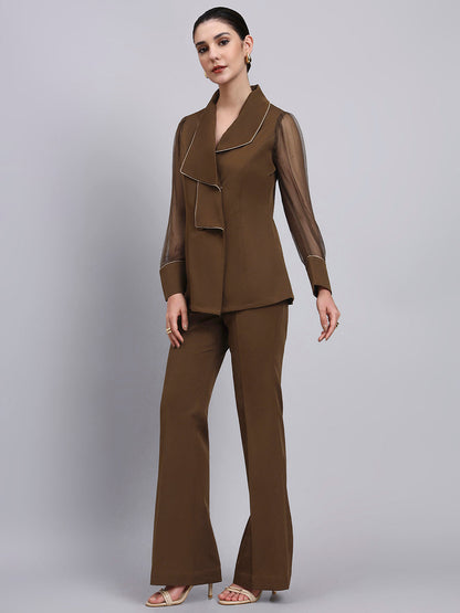 Powersutra Tailored Brown Co-Ord Set Featuring Double Collar Top With Contrast Piping And Flared Pants