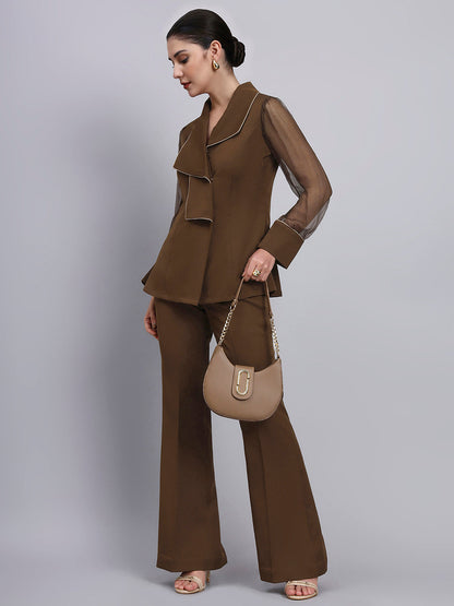 Powersutra Tailored Brown Co-Ord Set Featuring Double Collar Top With Contrast Piping And Flared Pants