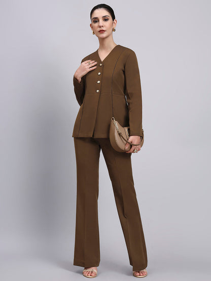 Powersutra Tailored Brown Co-Ord Set Featuring Lace Top With Flared Pants