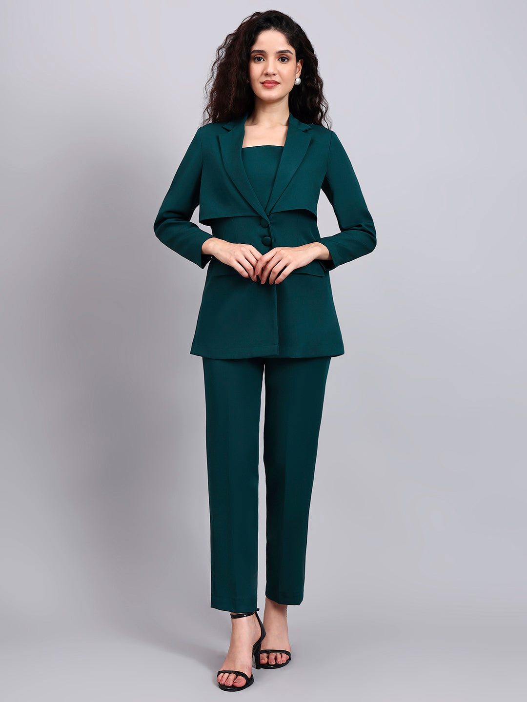 Powersutra Chic Teal Green 3-Piece Set With Overplay Blazer, Camisole & Straight Trousers
