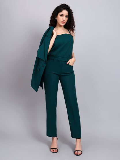 Powersutra Chic Teal Green 3-Piece Set With Overplay Blazer, Camisole & Straight Trousers