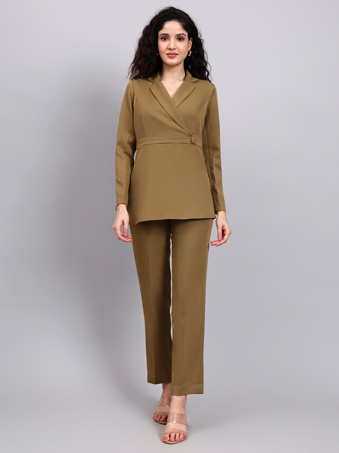 Powersutra Power Dressing Willow Green Co-Ord Set Wrap Top With Straight Trousers