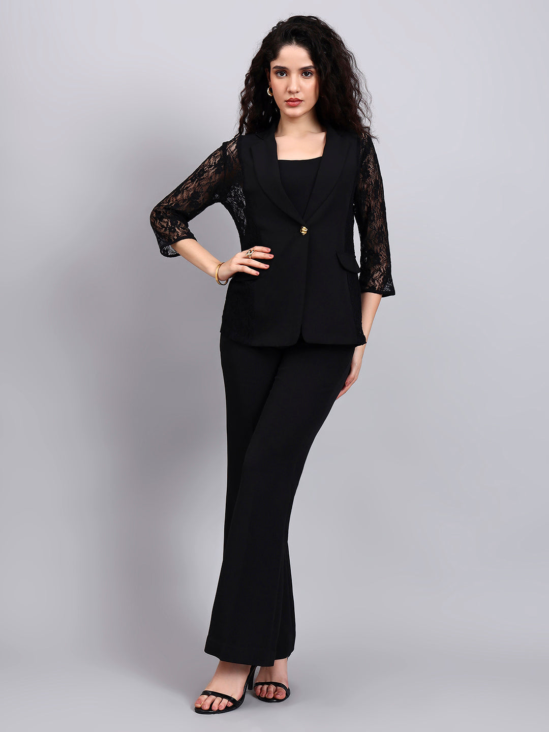 Powersutra Black Lace ÉLan 3-Piece Co-Ord Set With Tailored Blazer, Camisole & Straight Trousers