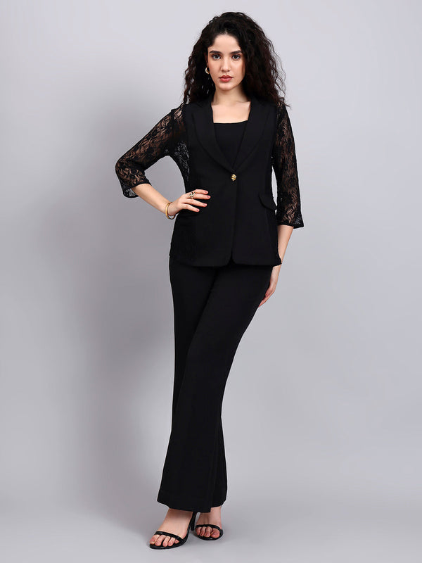Powersutra Black Lace ÉLan 3-Piece Co-Ord Set With Tailored Blazer, Camisole & Straight Trousers