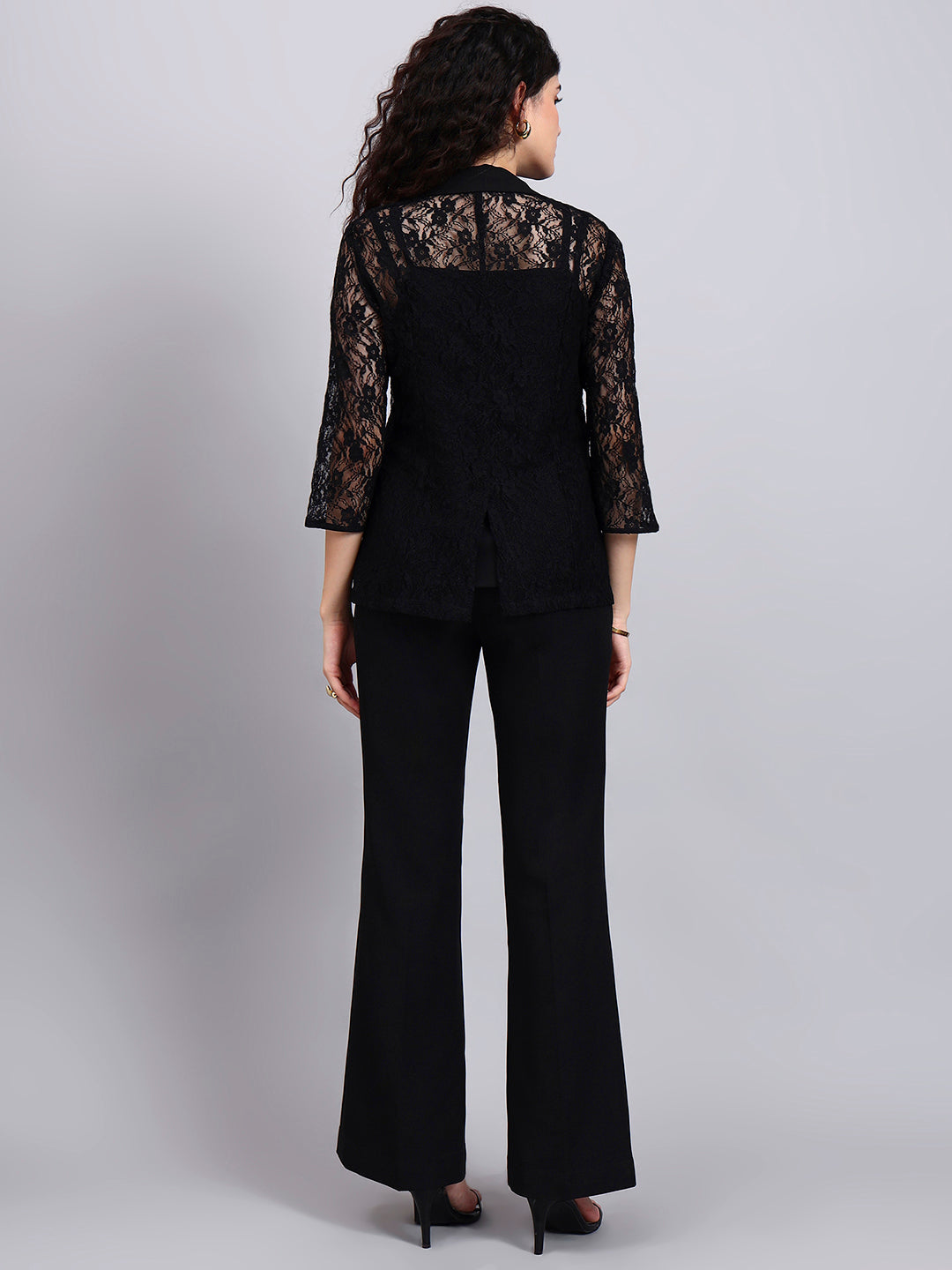 Powersutra Black Lace ÉLan 3-Piece Co-Ord Set With Tailored Blazer, Camisole & Straight Trousers
