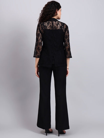 Powersutra Black Lace ÉLan 3-Piece Co-Ord Set With Tailored Blazer, Camisole & Straight Trousers