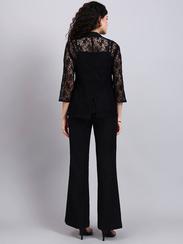 Powersutra Black Lace ÉLan 3-Piece Co-Ord Set With Tailored Blazer, Camisole & Straight Trousers