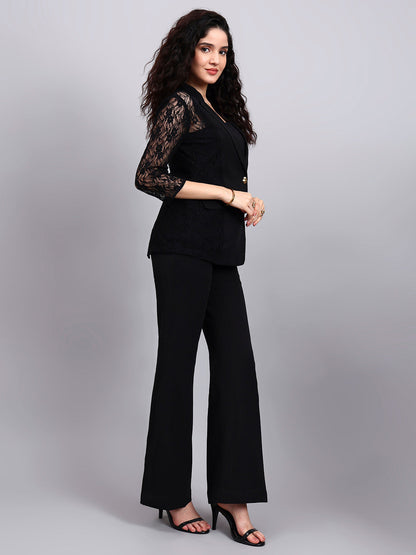 Powersutra Black Lace ÉLan 3-Piece Co-Ord Set With Tailored Blazer, Camisole & Straight Trousers