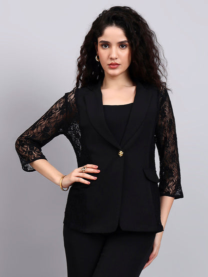 Powersutra Black Lace ÉLan 3-Piece Co-Ord Set With Tailored Blazer, Camisole & Straight Trousers